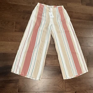 Roxy Stripe Linen Blend Pull On Pants Boho Beach Summer Wide Leg M NWT - Picture 1 of 12