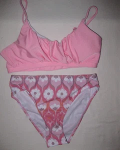Shein girls 11yrs 2pc bikini swimsuit solid ruched top floral bottom pink nip - Picture 1 of 2
