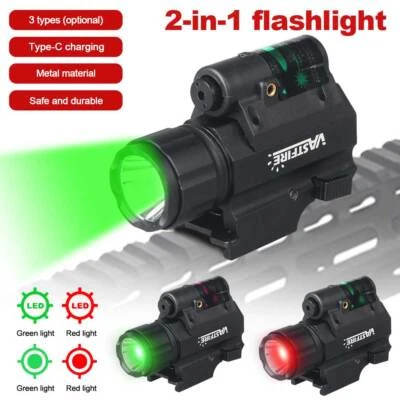 USB Rechargeable Red/Green LED Flashlight Pistol Light w/ Laser Sight 20mm Rail - Image 1 of 4