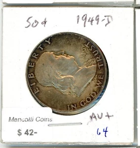 1949-D Franklin mezzo dollaro AU+ tono circa non circolato condizioni 90% argento - Foto 1 di 2