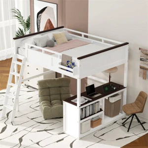 Queen Size Loft Bed with Desk,Open Shelf and Storage Box,Charging Station,White - Picture 1 of 16