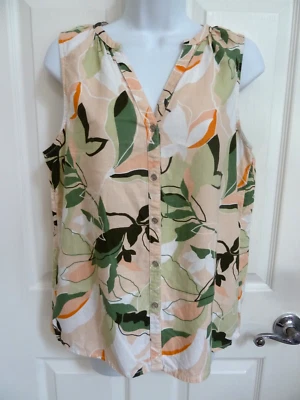 NICOLE MILLER Sz Small LINEN Blend Sleeveless Button Up Blouse Tropical - Image 1 of 4