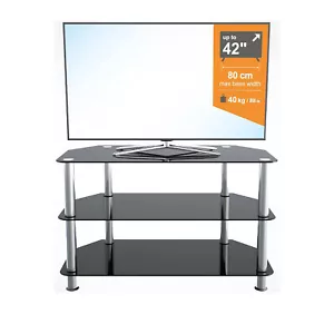 Glass Corner TV Stand Black 80cm Tempered Glass & Chrome Shelf Unit Modern - Picture 1 of 7