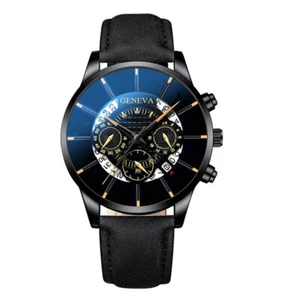 Herren Quarts Edelstahl Uhr schwarz Lederarmband schwarz & gold - Bild 1 von 1