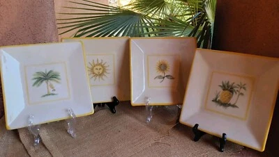 Williams Sonoma ItalyVerano Tile 4 Square Dinner Plate Sun Tree Pineapple Flower - Image 1 of 4