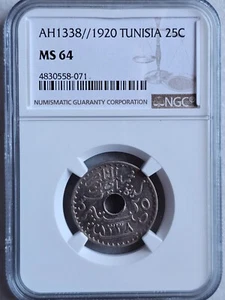 Tunisia 25 Cents AH 1338 1920 NGC MS 64 - Picture 1 of 2