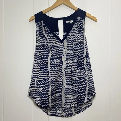 Trina Turk Blouse Womens Medium Blue Sleeveless Cotton Silk Sheer V Neck Top - Image 1 of 4