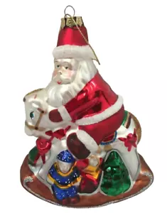 Collectible Christmas Santa on Rocking Horse Glitter Glass Ornament 5.5in x 4in - Picture 1 of 6