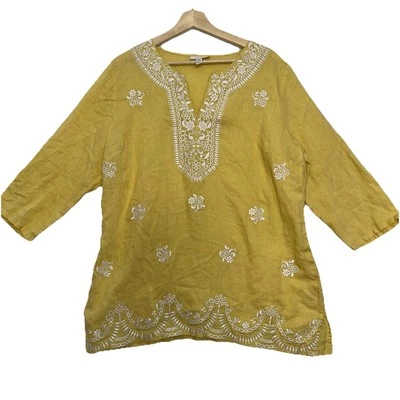 Charter Club Linen Tunic Kaftan Womens Size XL Yellow Embroidered Beach - Image 1 of 4