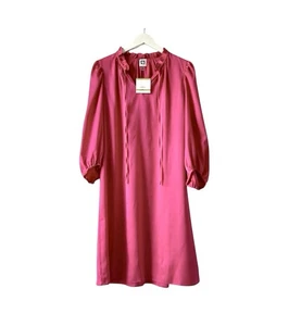 Anne Klein Silk Like Fuchsia Shift Dress Size 6 Tie Neck Bubble Sleeves Pullover - Picture 1 of 11