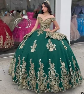 Vestidos de quinceañera verde hombros descubiertos apliques de encaje dorado vestidos de baile dulces 16 - Imagen 1 de 9
