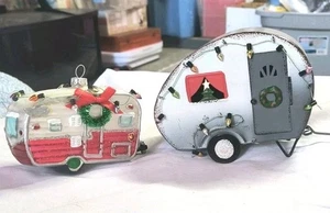 Set 2 - Kurt Adler Glamping Christmas RV Camper Glass Ornament & Metal RV Decor - Picture 1 of 11