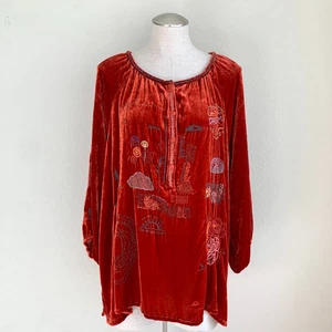 Top túnica de terciopelo bordado Johnny Was Zuri talla XL rojo mezcla de seda caprichoso - Imagen 1 de 15