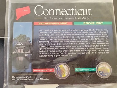 CONNECTICUT COLORIZED STATE QUARTERS COA 1999 US MINT PHILLY DENVER - Image 1 of 2