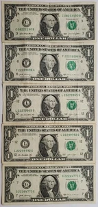 Cinco billetes de un dólar de $1 de 222 número de serie de lujo, 222 en el número de serie - Imagen 1 de 2