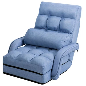 Blue Folding Lazy Sofa Floor Chair Sofa Lounger Bed with Armrests and Pillow - Picture 1 of 10