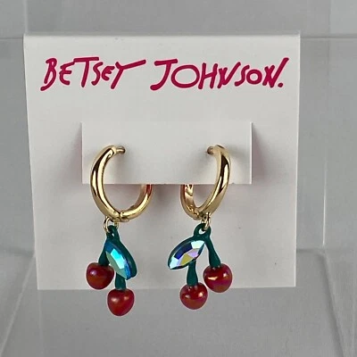 Betsey Johnson Earrings Pierced Huggie Dangle Drop Cherry Gold Tone Rhinestones - Image 1 of 4