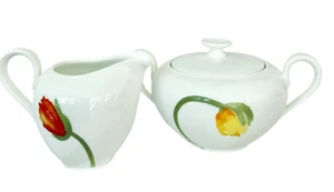 Villeroy & Boch Iceland Poppies Lidded Sugar Bowl & Creamer White Made Germany - Picture 1 of 12