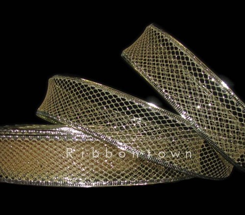 Christmas Gold Glitter Diamond Mesh Web Net Netting Wired Ribbon 1.5