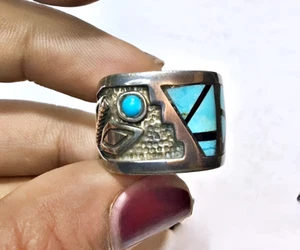 Anello turchese in argento sterling con intarsiato design fatto a mano americano - Foto 1 di 6