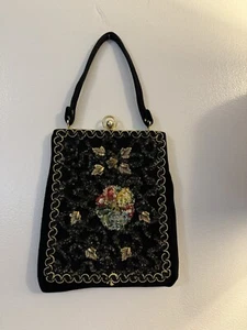 Antique 1950' Caron Of Houston Black Wool Beaded Clutch Handbag Purse - Picture 1 of 8