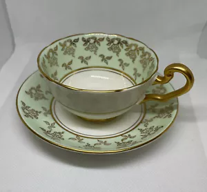 Vintage C & E Victoria Bone China Green w Gold Trim Teacup & Saucer Set Lovely! - Picture 1 of 8