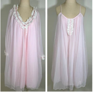 Vintage Baby Pink Peignoir 2 Piece Set by Intime California Soft Nylon Lace - Picture 1 of 10