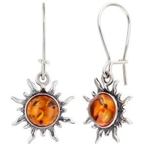 925 Solid Sterling Silver Honey Baltic Amber Sun Round Pretty Earwire Earrings - Picture 1 of 7