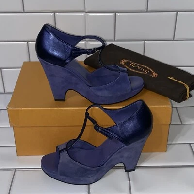 Tod's Tods Cuña Correa en T Zapatos Tacones Gamuza Azul Sin Cordones Para Mujer EE. UU. 7 UE 37 Foto 1 de 4