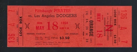 ROBERTO CLEMENTE 1964 MLB PIRATES @ LA DODGERS VINTAGE FULL TICKET - MAY 18 Cover