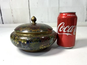 ANTIQUE FLORAL CLOISONNE ENAMEL TRINKET BOX/ VTG JAPANESE ROUND BOWL W/ LID 6.5" - Picture 1 of 12