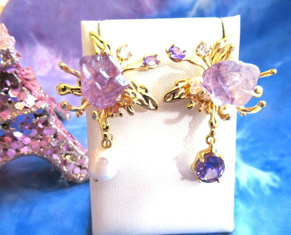 Pendientes Perla Amatista Hada Mariposa Asimétrico Oro Druzy Cuarzo Piedra NUEVO Foto 1 de 4