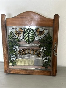 Vintage Wood Spice Rack Cabinet Glass Door Faux Stained Glass 2 Tier With Jars - Picture 1 of 14