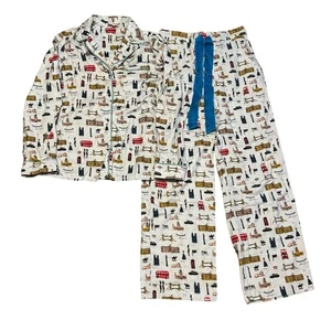 Boden 2 Piece Brushed Cotton Pajama Set Light Blue London Print Women’s Size S - Picture 1 of 6