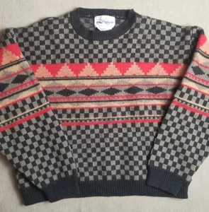 Vtg Perry Ellis Knit Sweater Lambswool Geometric Checkerboard 90s Sz L - Picture 1 of 9