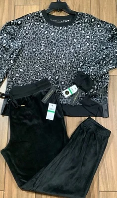 Donna Karan Velour Sleepwear Loungewear  SET Size L Cozy Gray Black Animal Print - Image 1 of 4