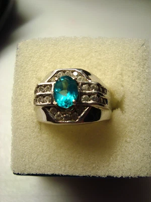 Topacio Paraiba con detalles de circón*Anillo para hombre talla 10*platino sobre plata de ley* Foto 1 de 4