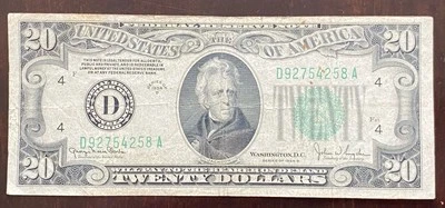 US SERIES OF 1934-D $20 NOTE–SERIAL #D92754258A-CLEVELAND-CIRCULATED-CURRENCY - Image 1 of 4