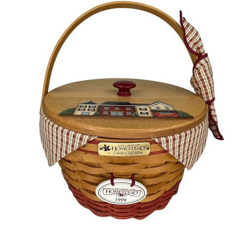 1999 Longaberger  Homestead Basket Combo With Painted Wooden Lid With Houses Cover