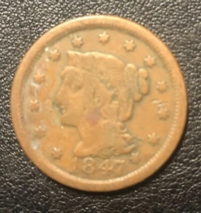 1847 Large Date Large One Cent Braided Hair United States Coin - Picture 1 of 2
