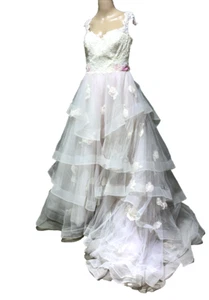 $6,840 Ann Barge Ivory & Blush Lace Bodice and Tulle Tiered Wedding Gown Dress 8 - Picture 1 of 17