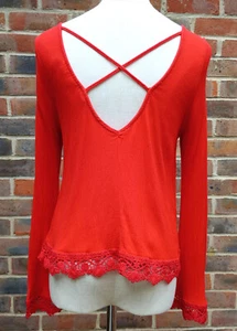 H&M x Coachella UK 8 Red Crisscross Textured Viscose Top Lace Trim Boho Festival - Picture 1 of 6