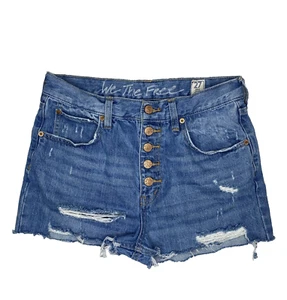 Free People We The Free Womens Shorts 27 Blue Denim Button Fly High Rise Raw Hem - Picture 1 of 8