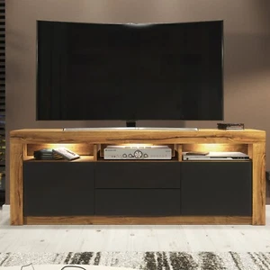 TV Unit 160cm I Oak Matt Body I Black Matt Fronts I Drawers I Free LED Light - Picture 1 of 16