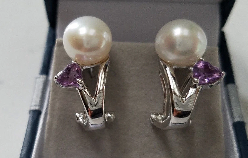 Genuine White 9mm Cultured Pearl Amethyst Earrings 925 Sterling Silver