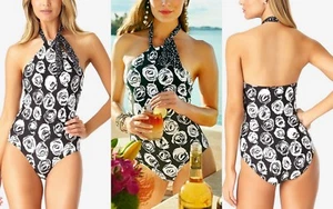 Anne Cole Swimsuit Women's Coming Up Roses Scarf High Neck One-Piece Black Sz 14 - Picture 1 of 12