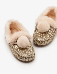 Girls Mini Boden Glitter Pom Pom Slippers SIZE  38 US SIZE 6 Silver Gold - Picture 1 of 7