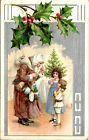 MERRY CHRISTMAS - BROWN ROBED SANTA GIVES TOYS TO GIRLS - EMBOSSED POSTCARD