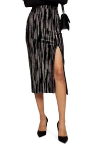 Neu mit Etikett Topshop Samt schwarz Midirock mit Metallic Glitzer Gold und Silber Größe 6 - Bild 1 von 8