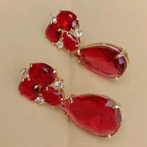 1.6" Red Crystal Cz Stud Drop Earrings Gold Plated Stone Earring Jewelry - Picture 1 of 6